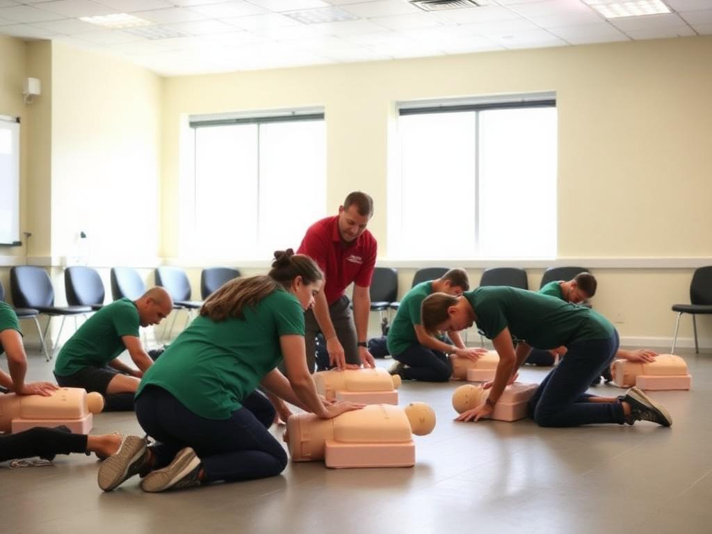 CPR practice on manikins during first aid training